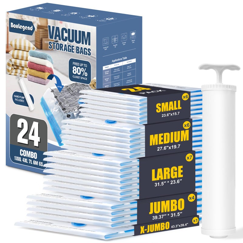BoxLegend Vacuum Storage Bags with Large Hand Pump 24 Combo (1X-Jumbo, 4 Jumbo, 7 Large, 6 Medium, 6 Small) Thickened Vacuum Seal Bags for Clothing Blanket Pillow Comforters Bedding Quilt Coat - Image 1
