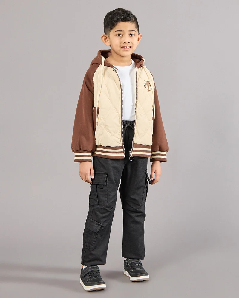 Redtag Boys Beige Hooded Varsity Zip Front Sweatshirt