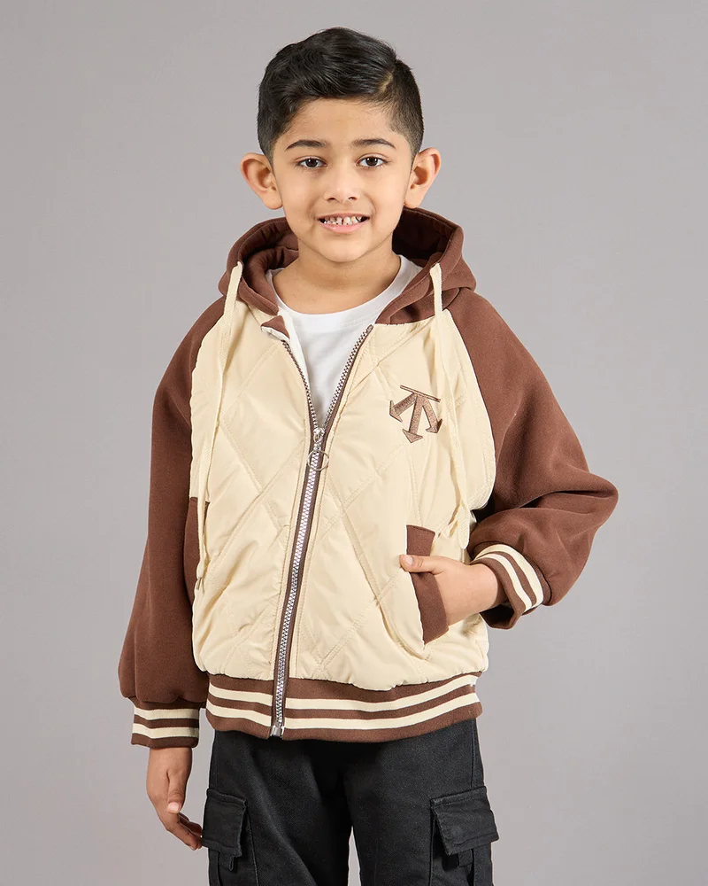 Redtag Boys Beige Hooded Varsity Zip Front Sweatshirt