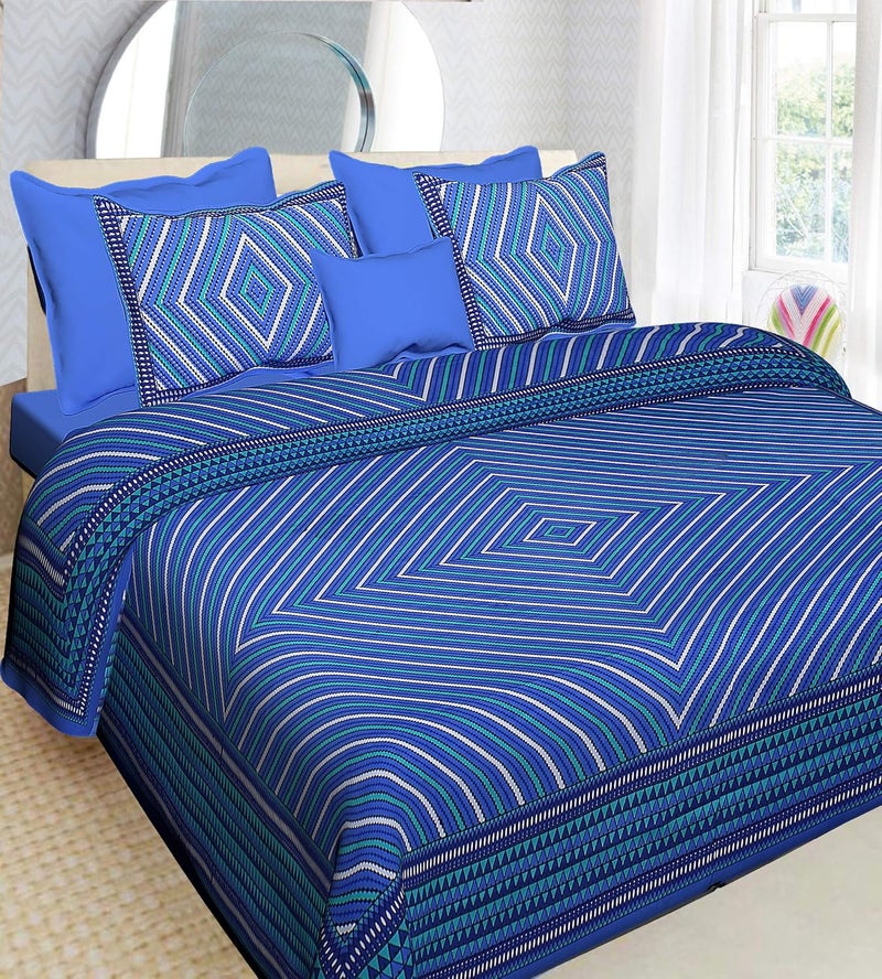 Ealth Kart 100 Cotton Comfort 180 TC Rajasthani Jaipuri Traditional King Size 1 Double Bedsheet with 2 Pillow Covers Blue - Image 1