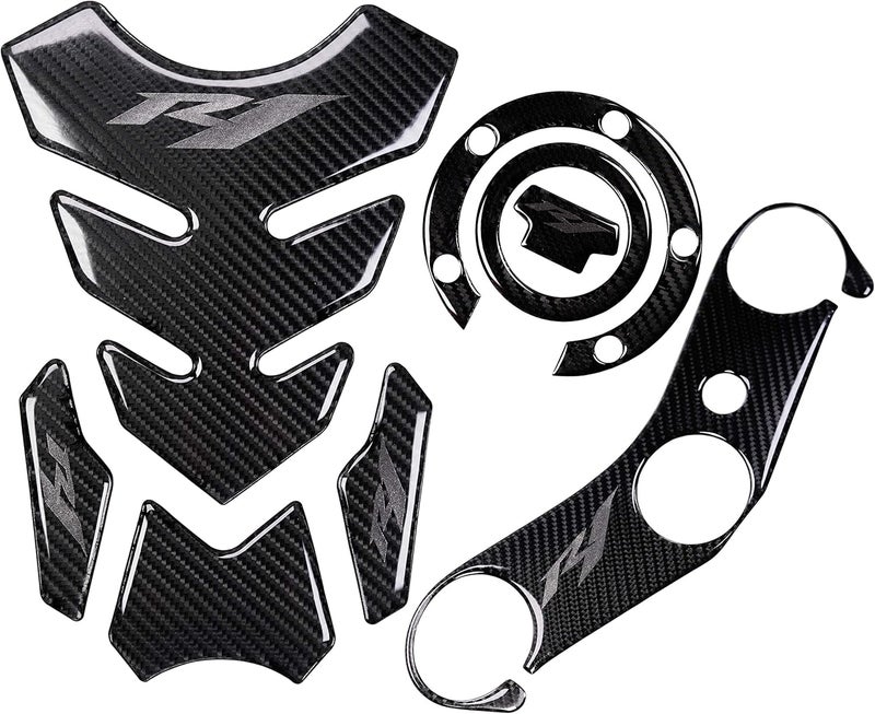 REVSOSTAR 5D Real Carbon, Motorcycle Gas Tank Protector, Grey Tank Pad Sticker, Tank Cap, Fuel Cap Decal, Triple Tree Front End Upper for R1, 3 Pcs Per Set - Image 1