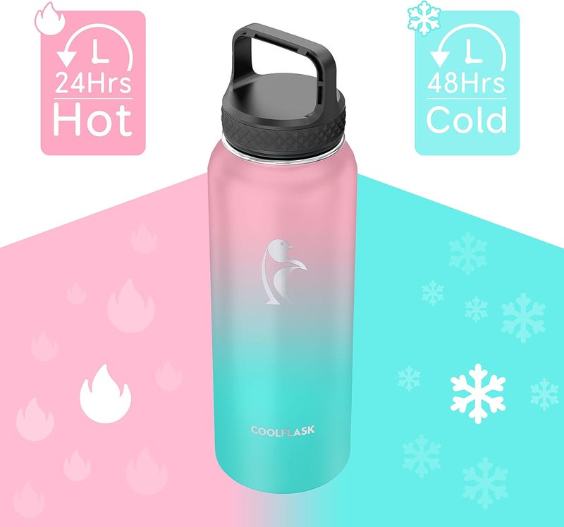 Coolflask 1.2L Insulated Water Bottle with Straw & 3 Lids, Triple Insulated, Leakproof, Edelstahl, Adults, Sport, Bubble Gum - Image 3