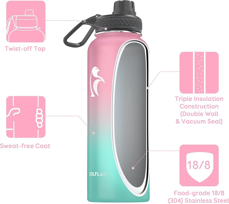 Coolflask 1.2L Insulated Water Bottle with Straw & 3 Lids, Triple Insulated, Leakproof, Edelstahl, Adults, Sport, Bubble Gum - Image 2