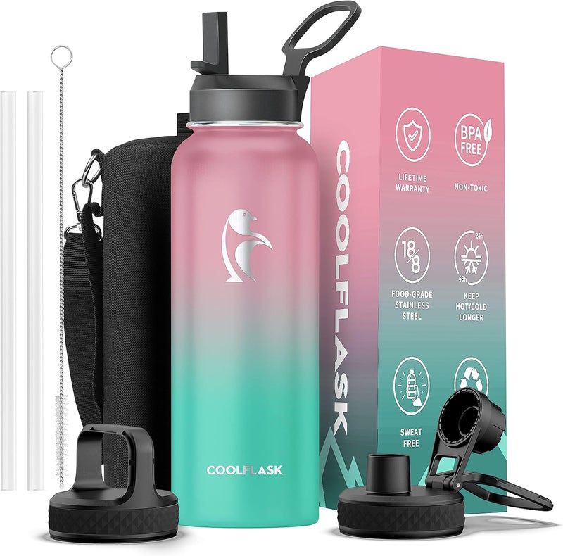Coolflask 1.2L Insulated Water Bottle with Straw & 3 Lids, Triple Insulated, Leakproof, Edelstahl, Adults, Sport, Bubble Gum - Image 1