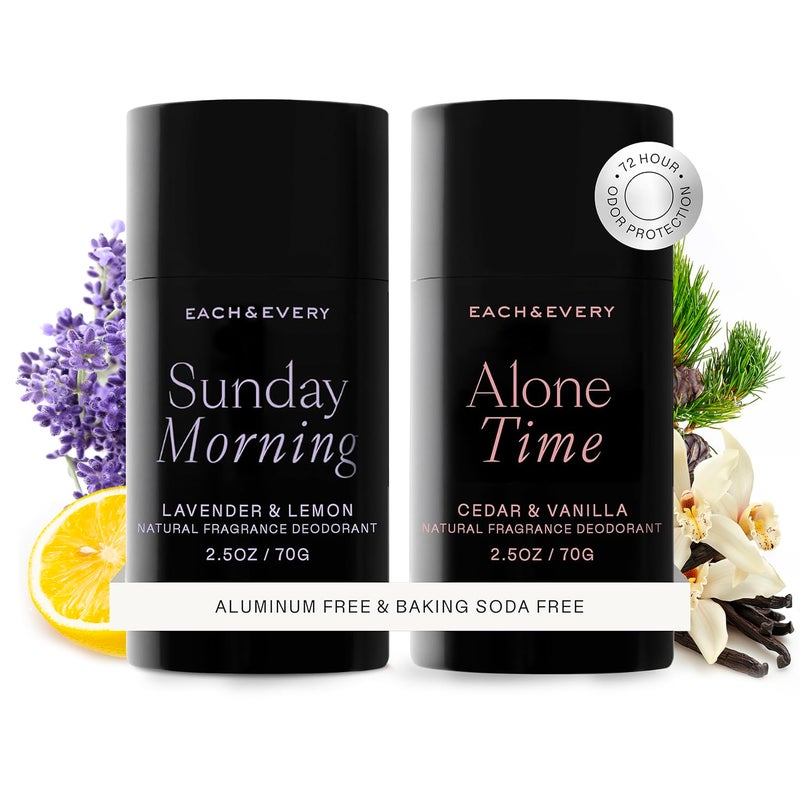 Each & Every Aluminum Free Deodorant for Women & Men, Lavender & Lemon + Cedar & Vanilla - All Natural Deodorant for Sensitive Skin, EWG Verified - Clean, Baking Soda-Free, Plant-Based - 2.5oz, 2 Pack - Image 1