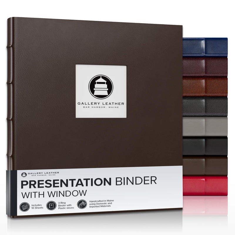 Gallery Leather 3 Ring Binder with Plastic Sleeves Includes 10 Sheets Sheet Size 85 x 11 Presentation Binder Rings with Window and Hubbed Spine Thick 125 Freeport Mocha