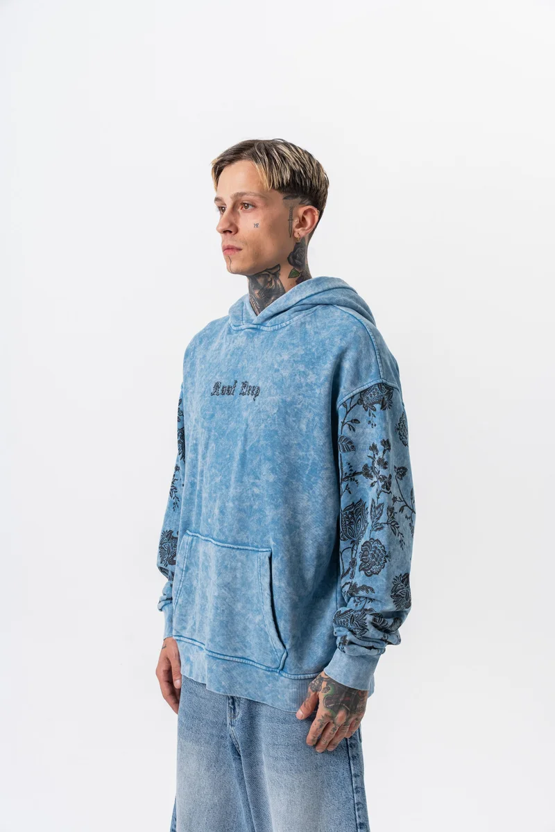 ريسباير هودي رجالي واسع مطبوع بغطاء رأس أزرق