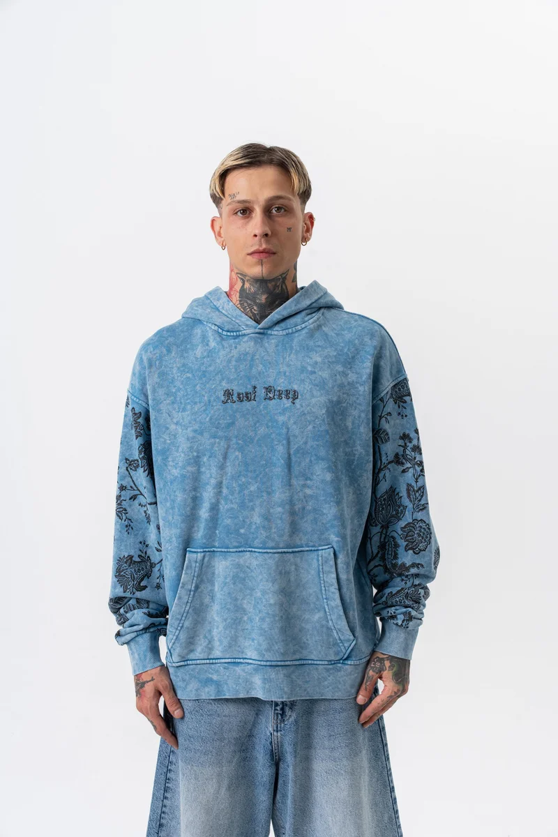 ريسباير هودي رجالي واسع مطبوع بغطاء رأس أزرق