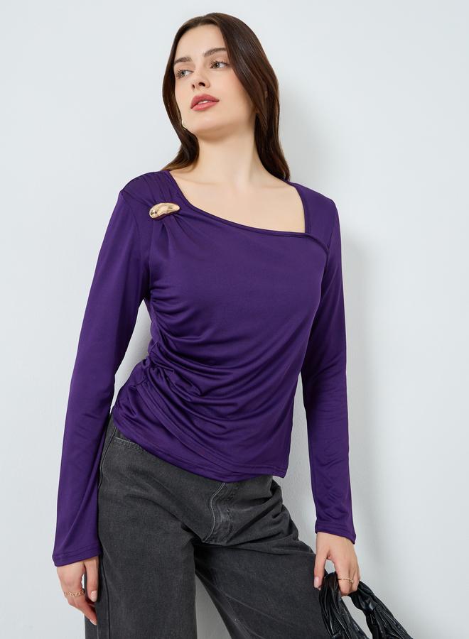 Styli Asymmetrical neckline knit top with trim - Image 3