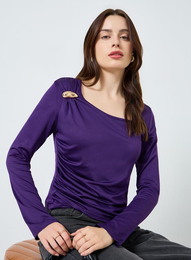 Styli Asymmetrical neckline knit top with trim - Image 1