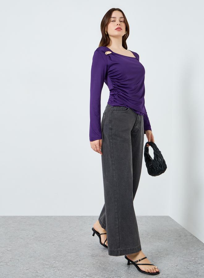 Styli Asymmetrical neckline knit top with trim - Image 2