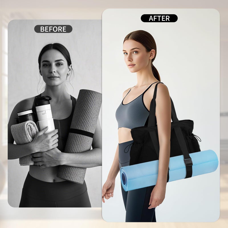 DLLTFPFE Yoga Bags for Women Gym Tote Bag with Adjustable Mat Holder Shoulder Bags Carrier Carryall for Yoga Pilates Travel Beach Work-Black - Image 3
