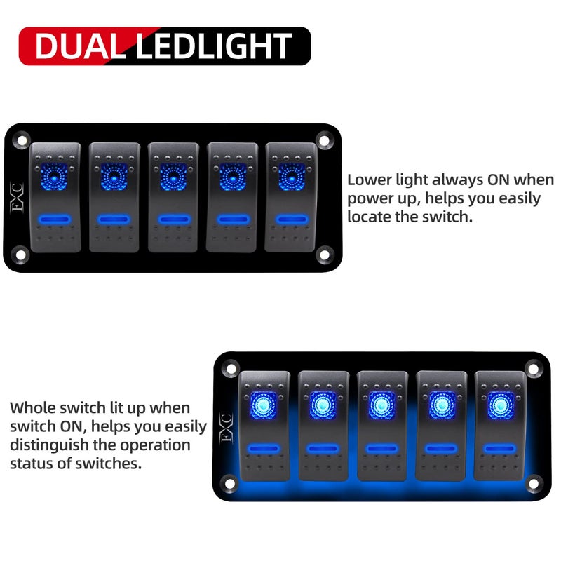 FXC Rocker Switch Aluminum Panel 5 Gang Toggle Switches Dash 5 Pin ON/Off 2 LED Backlit for Boat Car Marine Blue - Image 2