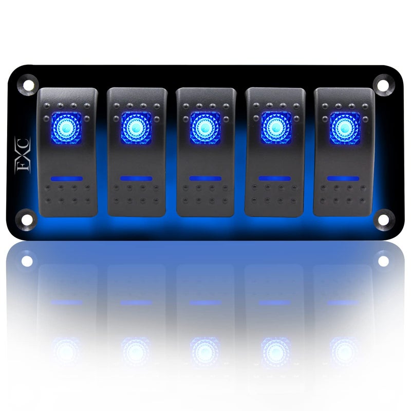 FXC Rocker Switch Aluminum Panel 5 Gang Toggle Switches Dash 5 Pin ON/Off 2 LED Backlit for Boat Car Marine Blue - Image 1