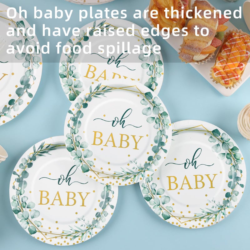 Gudvilla 168 PCS Sage Green Baby Shower Decorations Neutral  Baby Shower Plates and Cups and Napkins Sets Serves 24  Oh Baby Plates for Boy  Gender Reveal  Green and Gold Plant Eucalyptus Boho - Image 3