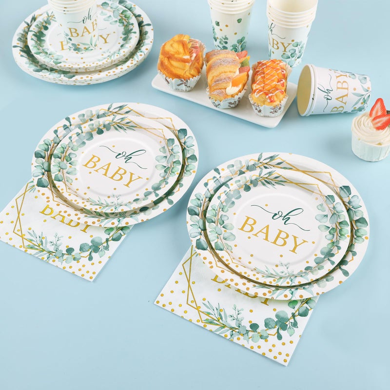 Gudvilla 168 PCS Sage Green Baby Shower Decorations Neutral  Baby Shower Plates and Cups and Napkins Sets Serves 24  Oh Baby Plates for Boy  Gender Reveal  Green and Gold Plant Eucalyptus Boho - Image 4