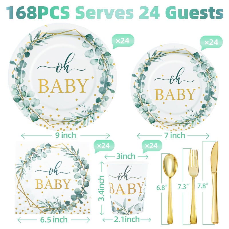 Gudvilla 168 PCS Sage Green Baby Shower Decorations Neutral  Baby Shower Plates and Cups and Napkins Sets Serves 24  Oh Baby Plates for Boy  Gender Reveal  Green and Gold Plant Eucalyptus Boho - Image 2