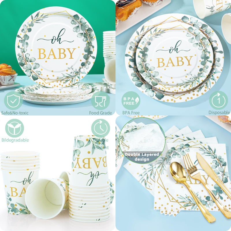 Gudvilla 168 PCS Sage Green Baby Shower Decorations Neutral  Baby Shower Plates and Cups and Napkins Sets Serves 24  Oh Baby Plates for Boy  Gender Reveal  Green and Gold Plant Eucalyptus Boho - Image 5