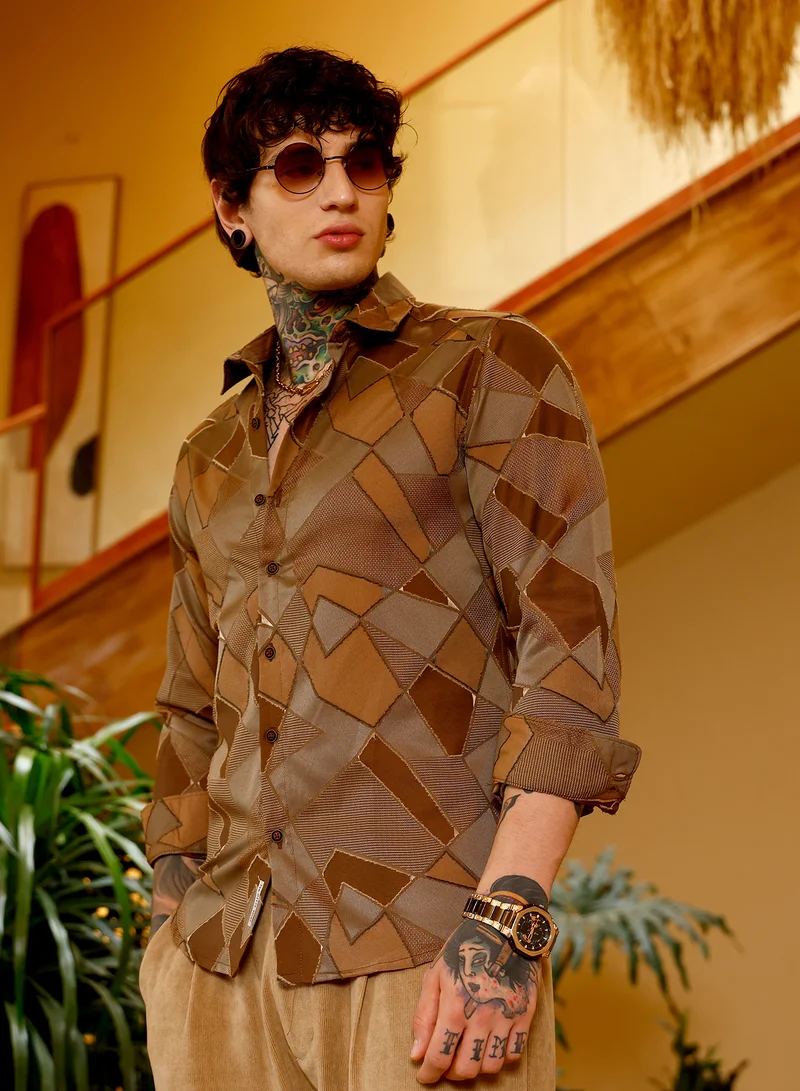 Campus Sutra Campus Sutra Men Block-Geometric Jacquard Shirt | Spread Collar Long Cuffed Sleeves | Button Closure Curved Hem | Geometric Jacquard | Woven Fabric For Casual & Party Wear | Peanut Brown