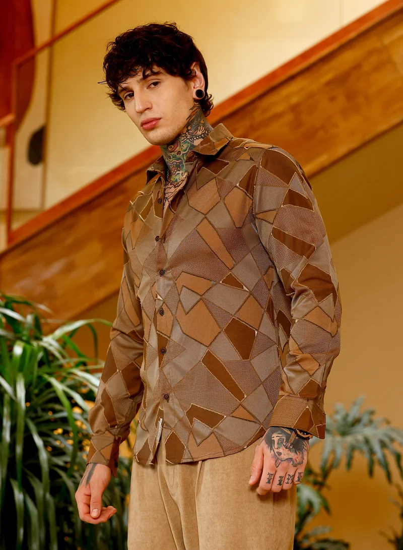 Campus Sutra Campus Sutra Men Block-Geometric Jacquard Shirt | Spread Collar Long Cuffed Sleeves | Button Closure Curved Hem | Geometric Jacquard | Woven Fabric For Casual & Party Wear | Peanut Brown