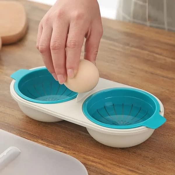 Leeonz Microwave Double Cup Egg Poacher Maker Poached Eggs Cooker Steamer Kitchen Gadget Dishwasher Safe BPA Free Draining Egg Boiler Set Double Layer Microwave Egg Poacher Breakfast Egg Cooker (Blue) - Image 1