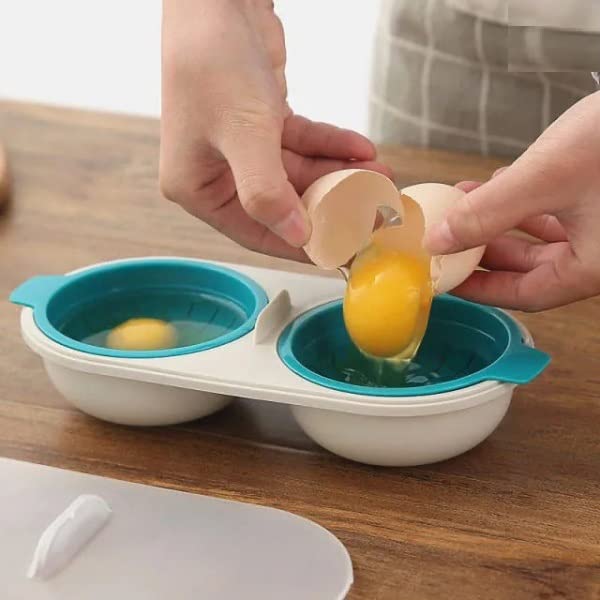 Leeonz Microwave Double Cup Egg Poacher Maker Poached Eggs Cooker Steamer Kitchen Gadget Dishwasher Safe BPA Free Draining Egg Boiler Set Double Layer Microwave Egg Poacher Breakfast Egg Cooker (Blue) - Image 2