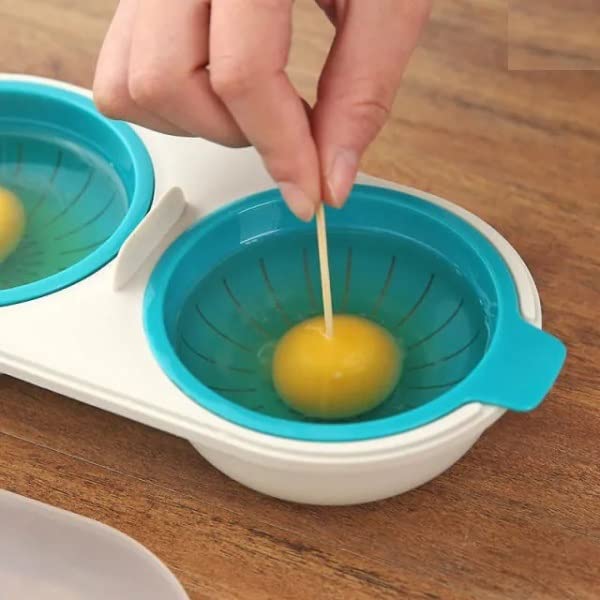 Leeonz Microwave Double Cup Egg Poacher Maker Poached Eggs Cooker Steamer Kitchen Gadget Dishwasher Safe BPA Free Draining Egg Boiler Set Double Layer Microwave Egg Poacher Breakfast Egg Cooker (Blue) - Image 4