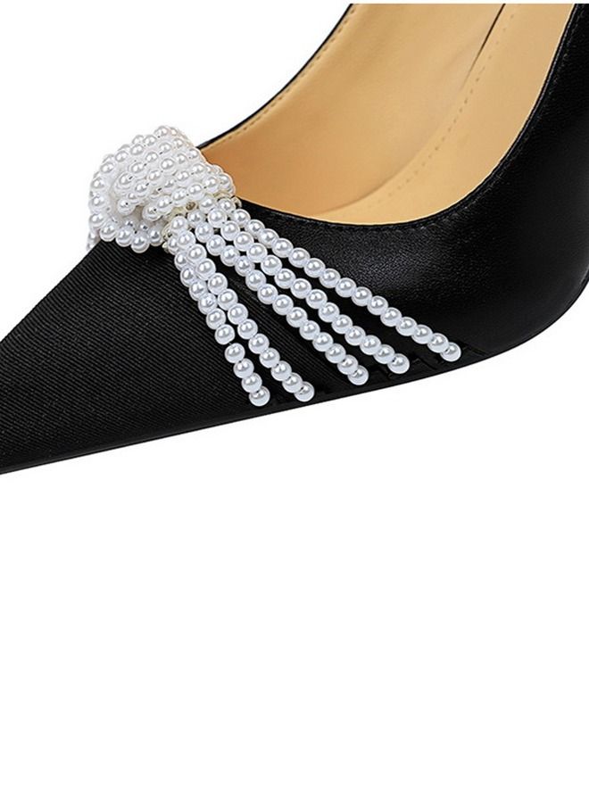 BIGTREE Pointed Pearl Bow High Heels 9.5CM Black  - Image 3