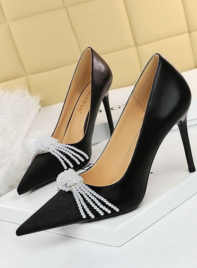 BIGTREE Pointed Pearl Bow High Heels 9.5CM Black  - Image 1