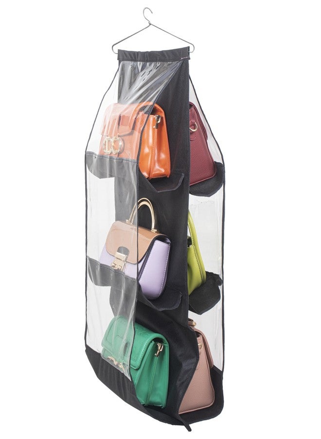 NadauN Handbag Organizer 6 Pockets for Ladies| Non-Woven Foldable Bag Organizer for Wardrobe|Transparent with Hanger | Purse Hanger (Black) - Image 1