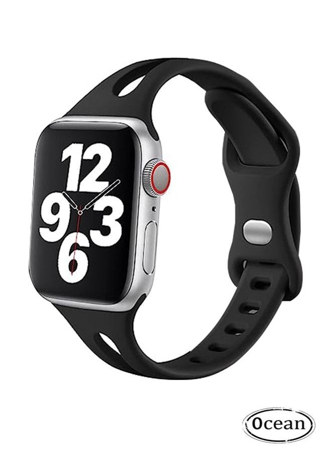 Ocean - Soft Silicone Slim Thin Narrow Replacement Strap Compatible For Apple Watch SE Series 8/7/6/5/4/3/2/1 (Black, 38mm/40mm/41mm) - Image 1