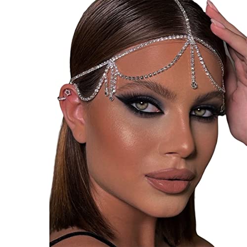 STONEFANS Layered Rhinestone Head Chain Crystal Headpiece Boho Silver Hair Accessories Prom Hair Jewelry Festival Outfits for Women