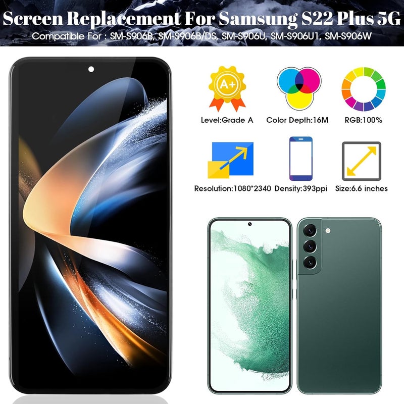 SRJTEK OLED لاستبدال شاشة Samsung S22 Plus 5g، مجموعة إصلاح شاشة LCD لـ Samsung Galaxy S22+، شاشة عرض لـ Galaxy S906U، مجموعة إصلاح شاشة تعمل باللمس مع الإطار (أسود) - Image 2