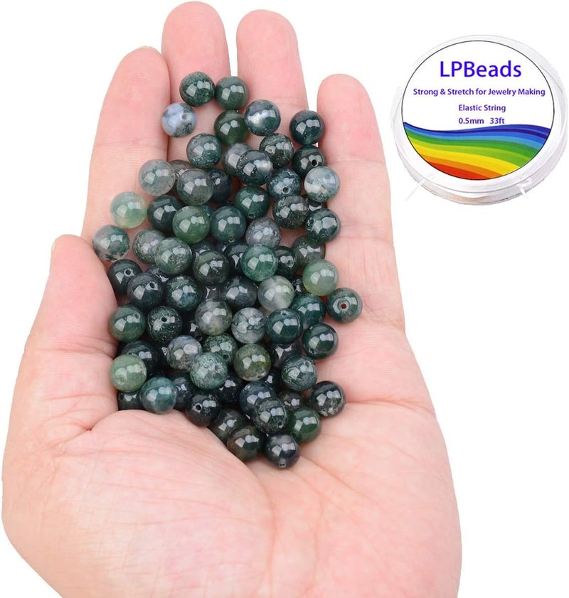 LPBeads 100PCS 8mm Natural Moss Agate Beads Gemstone Round Loose Beads for Jewelry Making with Crystal Stretch Cord - Image 2