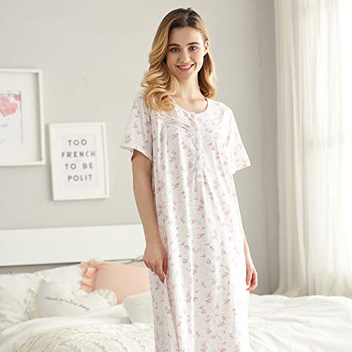Keyocean Women Nightgowns, Soft Comfortable Cotton Lightweight Short Sleeves Ladies Nightdress, Pink Floral, Medium - Image 2