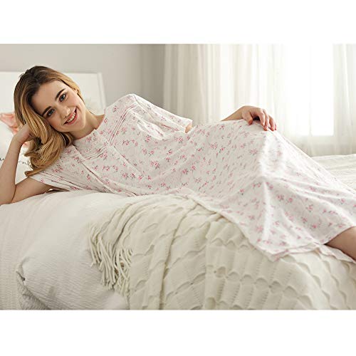 Keyocean Women Nightgowns, Soft Comfortable Cotton Lightweight Short Sleeves Ladies Nightdress, Pink Floral, Medium - Image 5