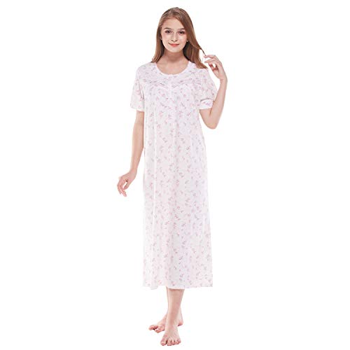 Keyocean Women Nightgowns, Soft Comfortable Cotton Lightweight Short Sleeves Ladies Nightdress, Pink Floral, Medium - Image 1