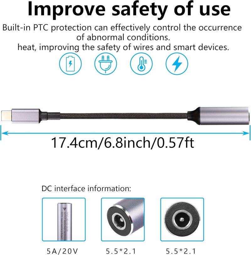 SinLoon PD 100W Laptop Charger Adapter Cable DC 55mm x 21mm Female Input to USB Type C Male Power Charging Cable DC5521 to USB C Cable with PD Automatic Identification Chipfor PhoneTabletLaptop - Image 3