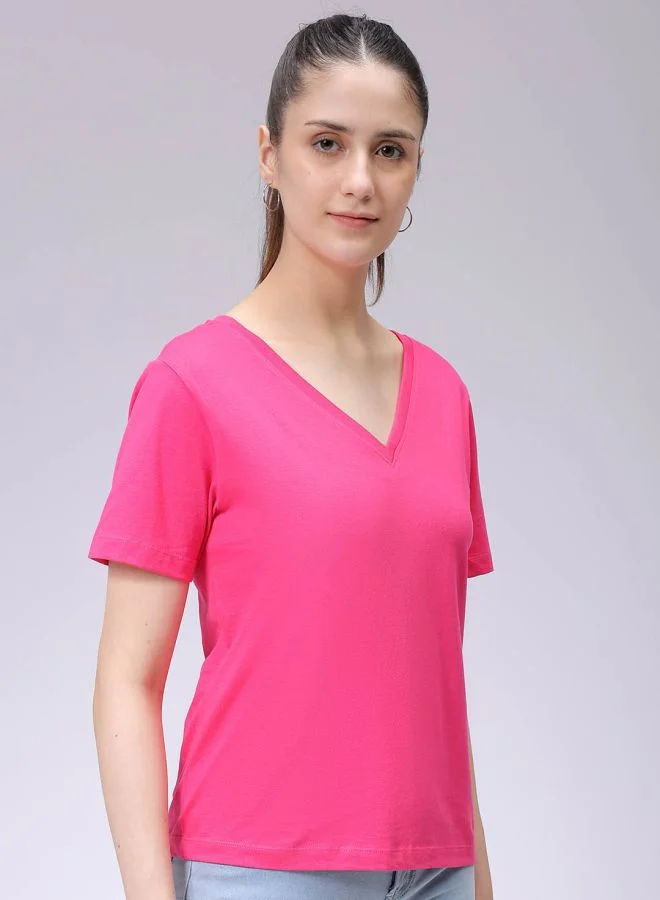 Freehand Women Regular Fit Solid V-Neck T-Shirt