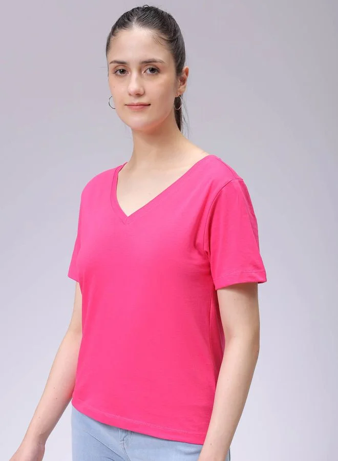Freehand Women Regular Fit Solid V-Neck T-Shirt