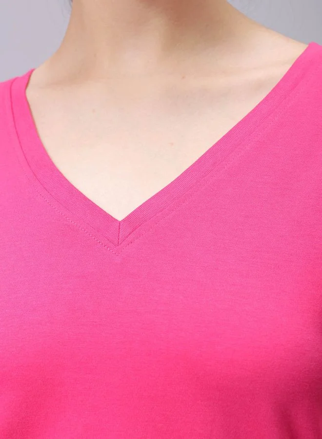 Freehand Women Regular Fit Solid V-Neck T-Shirt