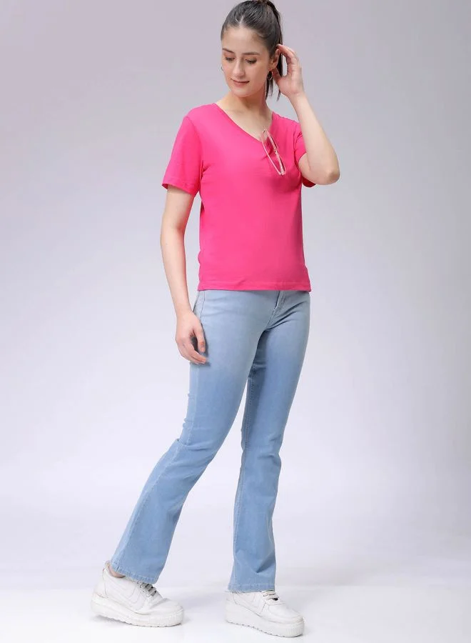 Freehand Women Regular Fit Solid V-Neck T-Shirt