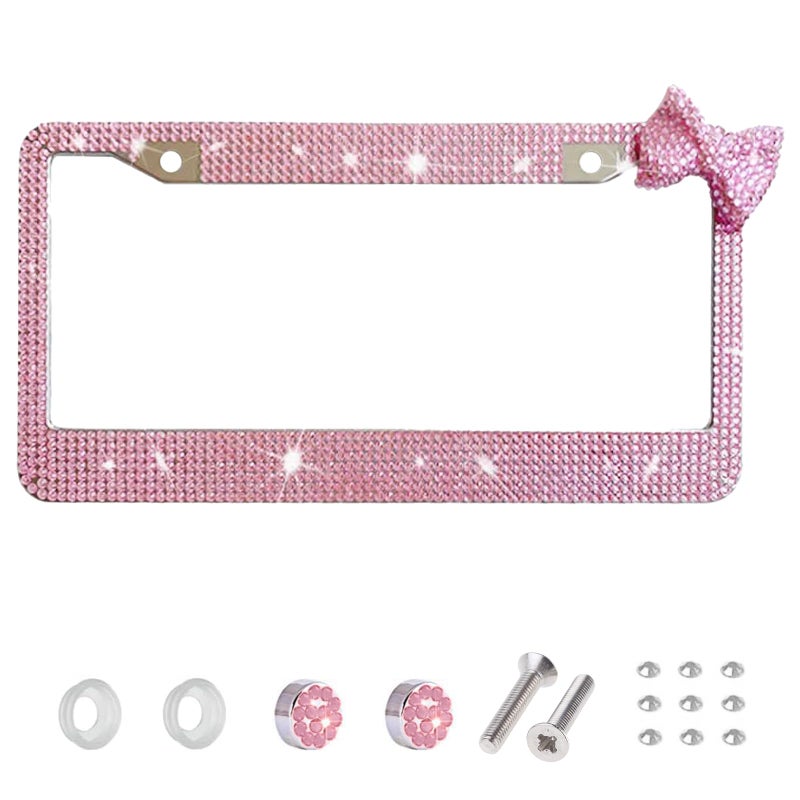 Wanheart License Plate Frame for Women Rhinestone License Plate Frame with Bow Sparkly Car Tag Frame Cute Girly Car Accessories Gift 1 Pink Frame Pink Bow - Image 3