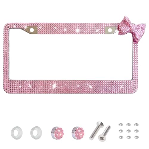 Wanheart License Plate Frame for Women Rhinestone License Plate Frame with Bow Sparkly Car Tag Frame Cute Girly Car Accessories Gift 1 Pink Frame Pink Bow - Image 1