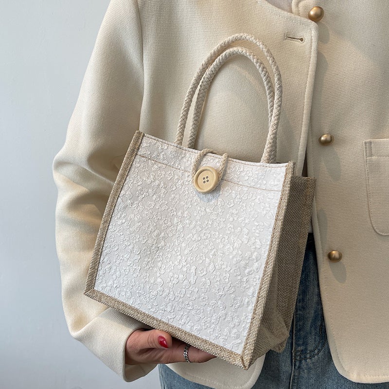 2023 Chic Jute Tote Bag for Women Beige White 