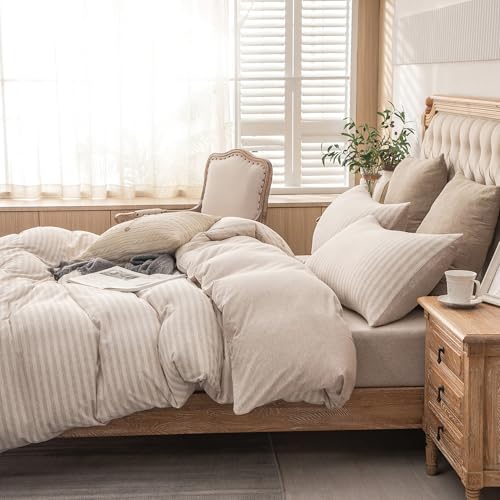 PURE ERA Jersey Knit Duvet Cover Set 100% T-Shirt Heather Cotton Super Soft Comfy Classic Striped Design, with Zipper Closure, Heather Beige Stripe, King - Image 1
