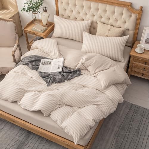 PURE ERA Jersey Knit Duvet Cover Set 100% T-Shirt Heather Cotton Super Soft Comfy Classic Striped Design, with Zipper Closure, Heather Beige Stripe, King - Image 2
