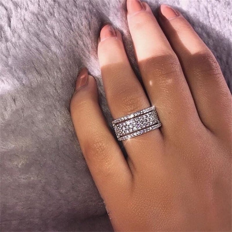 AZQ 925 Sterling Silver Shiny Full Diamond Ring - Cubic Zirconia Multi Row Eternity Engagement Wedding Band for Women (US Code 9) - Image 3
