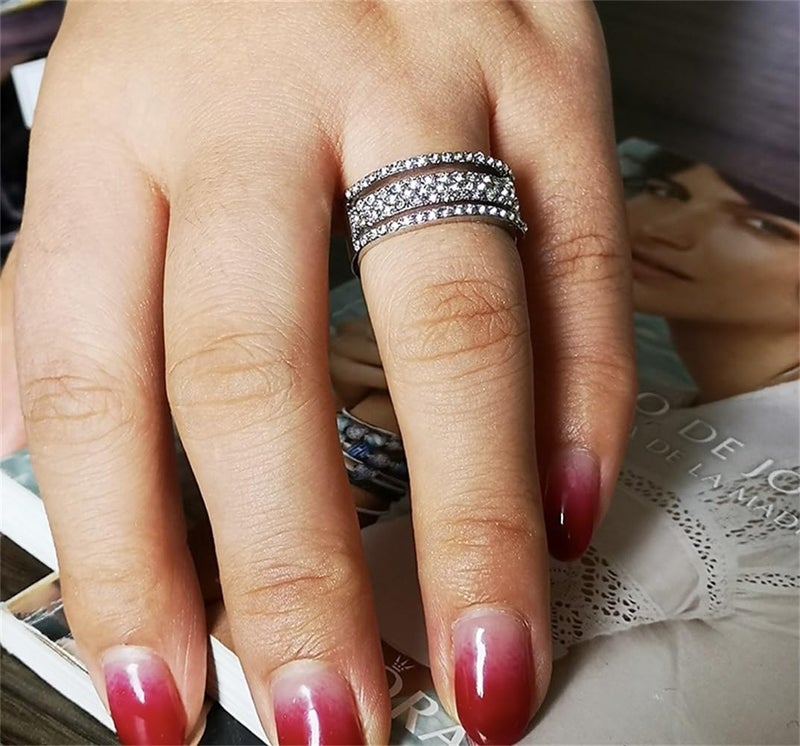 AZQ 925 Sterling Silver Shiny Full Diamond Ring - Cubic Zirconia Multi Row Eternity Engagement Wedding Band for Women (US Code 9) - Image 5