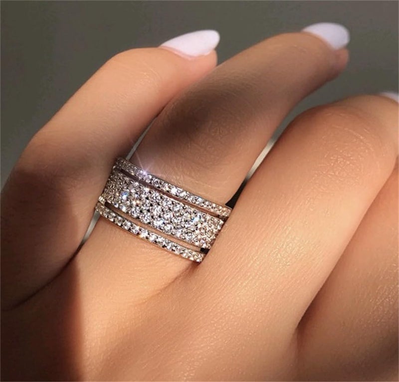 AZQ 925 Sterling Silver Shiny Full Diamond Ring - Cubic Zirconia Multi Row Eternity Engagement Wedding Band for Women (US Code 9) - Image 1